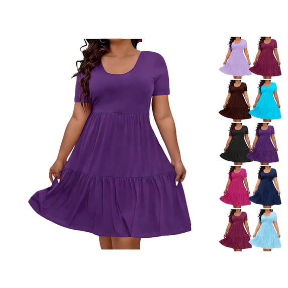 Zeliretfy Womens Dresses Plus Size A Line Dresses for Women Solid Color Round Neck Short Sleeved Loose Mid Calf Nightgown