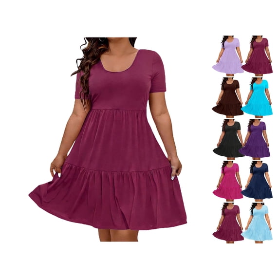 Zeliretfy Womens Dresses Plus Size A Line Dresses for Women Solid Color Round Neck Short Sleeved Loose Mid Calf Nightgown