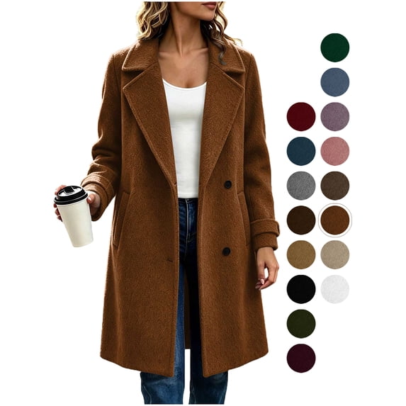 Zeliretfy Womens Pea Coat Notch Lapel Double Breasted Oversized Overcoat Long Sleeve, Classic Solid Color, with Pockets, Blend Elegant Trench, Chunky Warm Winter Outerwear, for Business, Travel