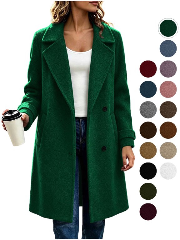 Womens Pea Coat Notch Lapel Double Breasted Oversized Overcoat Long Sleeve, Classic Solid Color, with Pockets, Blend Elegant Trench, Chunky Warm Winter Outerwear, for Business, Travel