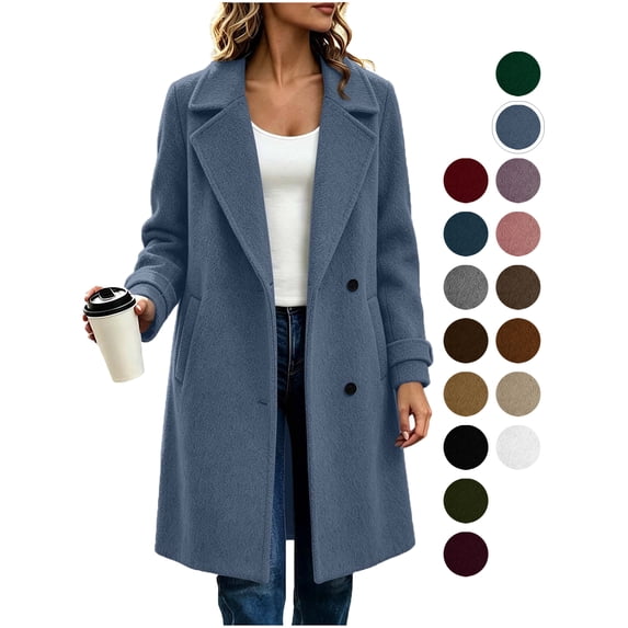 Zeliretfy Womens Pea Coat Notch Lapel Double Breasted Oversized Overcoat Long Sleeve, Classic Solid Color, with Pockets, Blend Elegant Trench, Chunky Warm Winter Outerwear, for Business, Travel