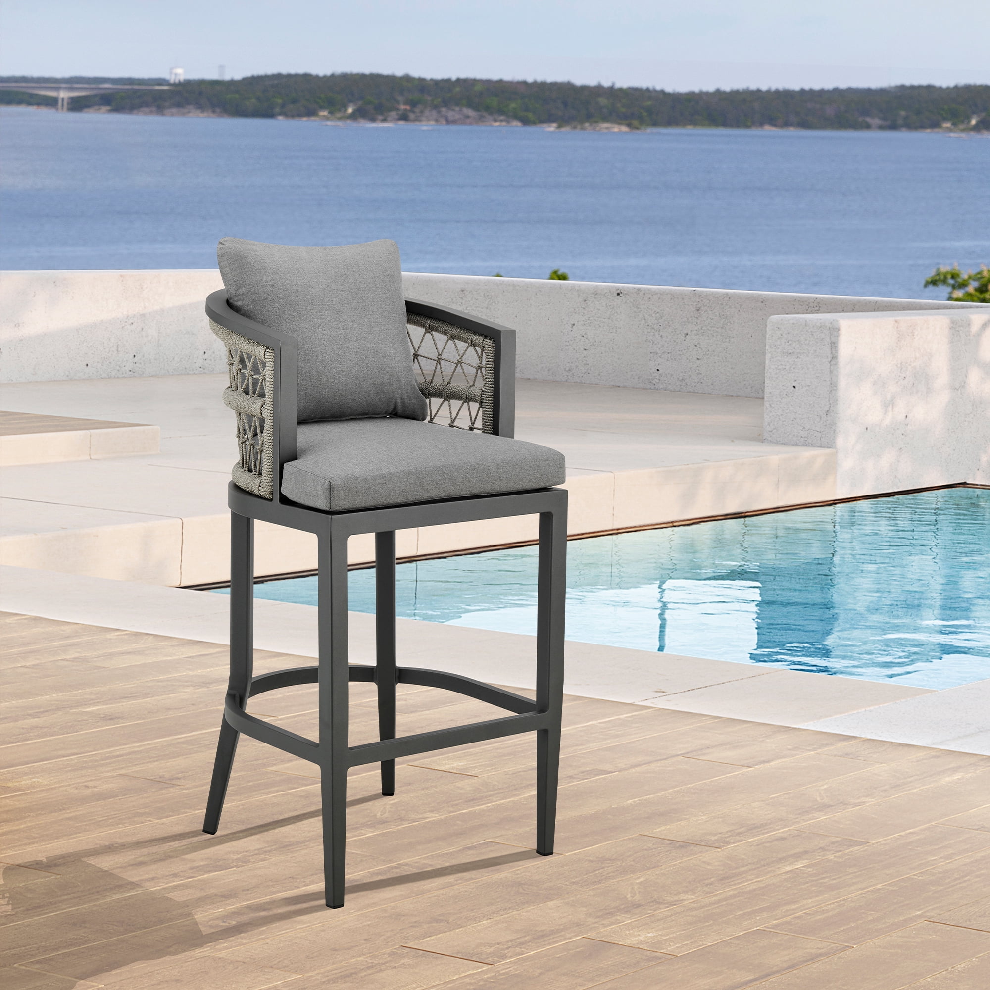 Zella Outdoor Patio Bar Stool in Aluminum with Light Gray Rope and Earl Gray Cushions - Set of 4
