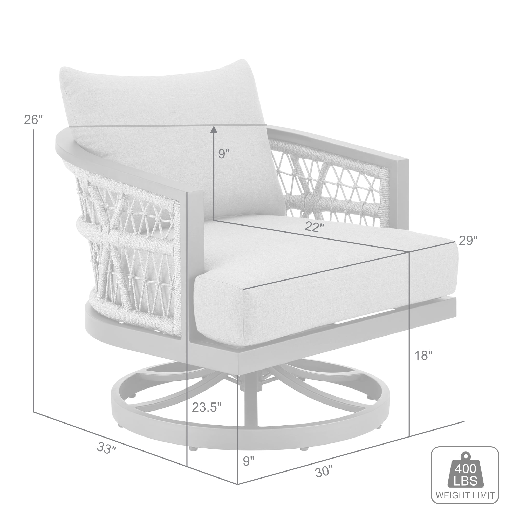 Zella 33" Light Gray Aluminum Swivel Patio Armchair with Cushions