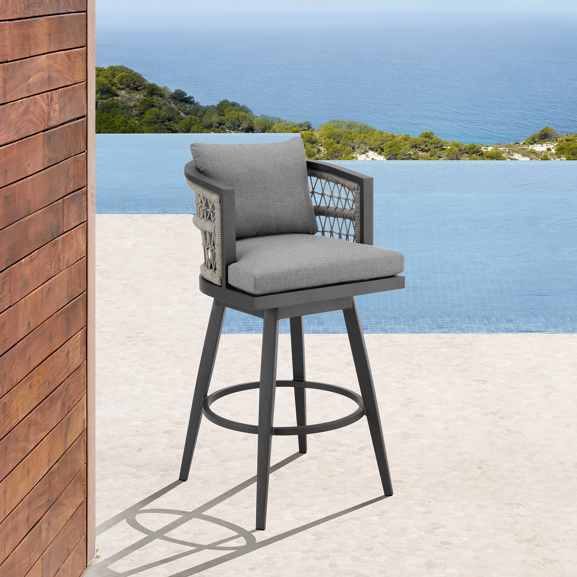 Zella Outdoor Patio Swivel Counter Stool in Aluminum with Light Gray Rope and Earl Gray Cushions - Set of 2