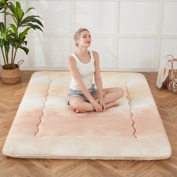 Zelladorra Japanese Floor Mattress, Futon Mattress with Portable Storage Bag, Roll Up Mattress Thick Tatami Mattress Suitable for Camping, Guest Room (Cream Gradient, Twin)