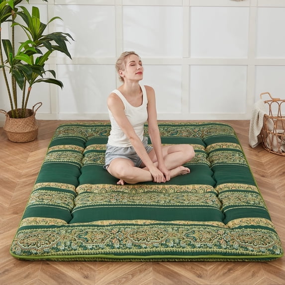 Zelladorra Japanese Floor Mattress, Futon Mattress with Portable Storage Bag, Roll Up Mattress Thick Tatami Mattress Suitable for Camping, Guest Room (Bohemian Green, Full)