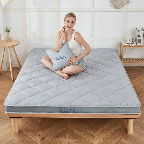 Zelladorra Japanese Floor Mattress, Thick Futon Mattress with Bed Pillow, Roll Up Floor Sleeping Mat Tatami Mattress Suitable for Guest, Camping, Grey
