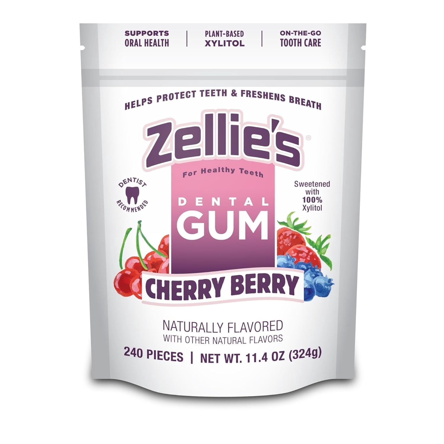 Zellies Xylitol Dental Gum, Cherry Berry Flavor, Single Pouch, 240 Count