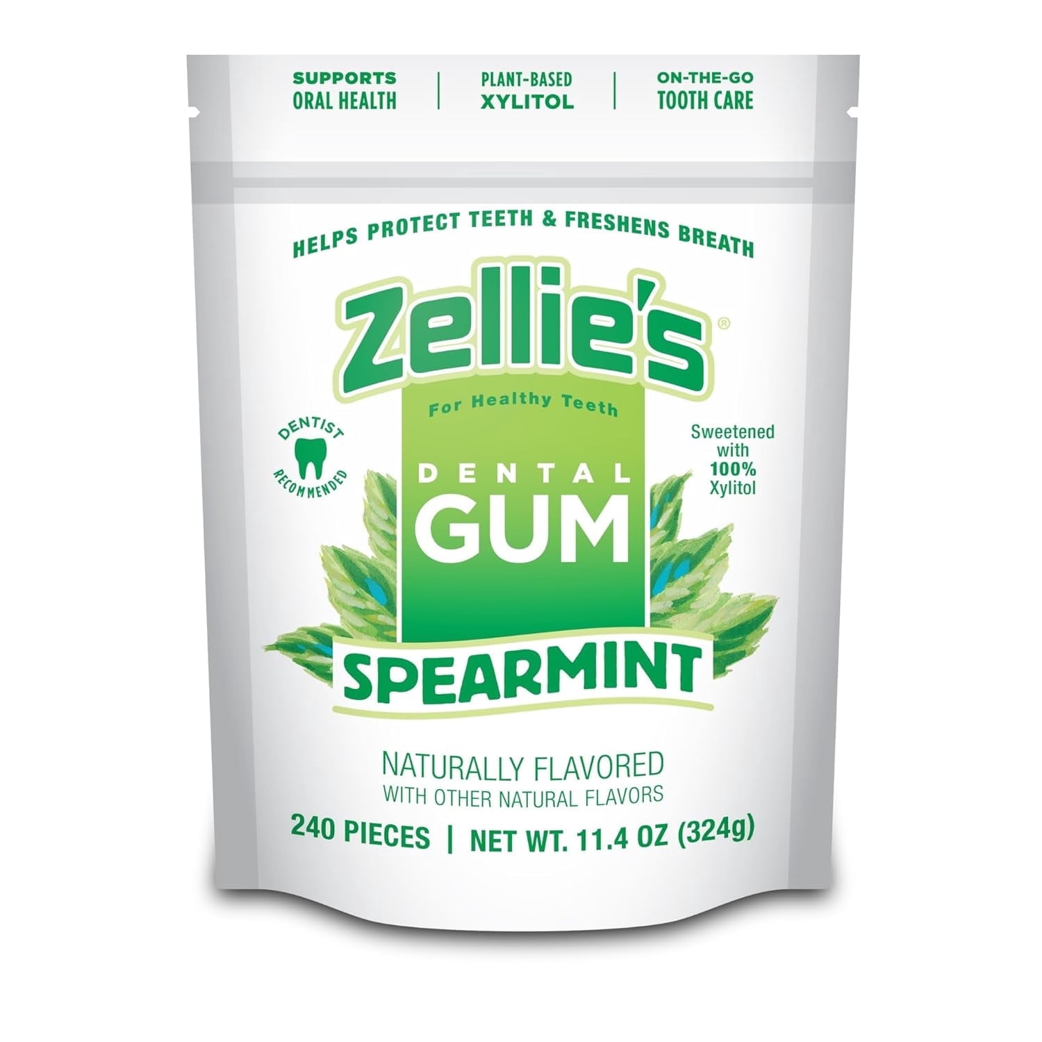 Zellies Xylitol Chewing Gum, Spearmint Flavor, Single Pouch, 240 Count