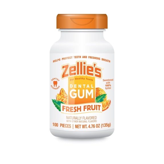 Zellies Xylitol Dental Gum, Fresh Fruit Flavor, Single Jar, 100 Count