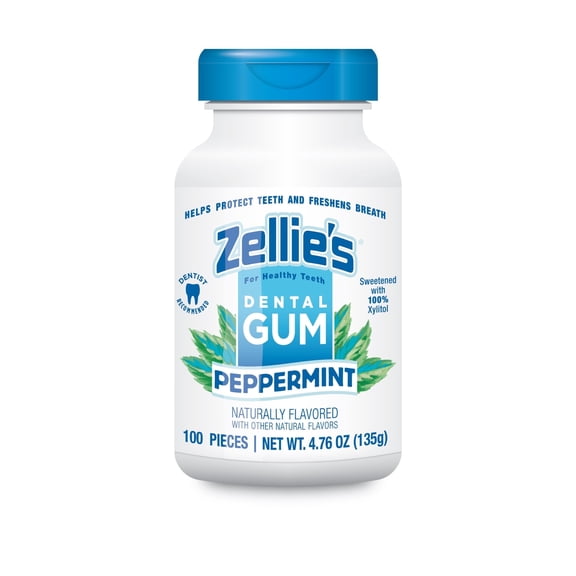Zellies Xylitol Dental Gum, Peppermint Flavor, Single Jar, 100 Count