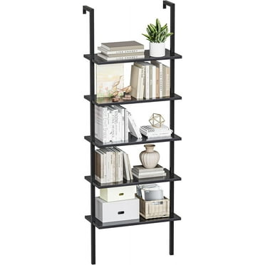 ZeloraGildan 5-Tier Bookshelf, Wall Mount Ladder Shelf with Wood Board and Industrial Metal Frame, for Home Office, Living Room, Bedroom, Entryway and Hallway