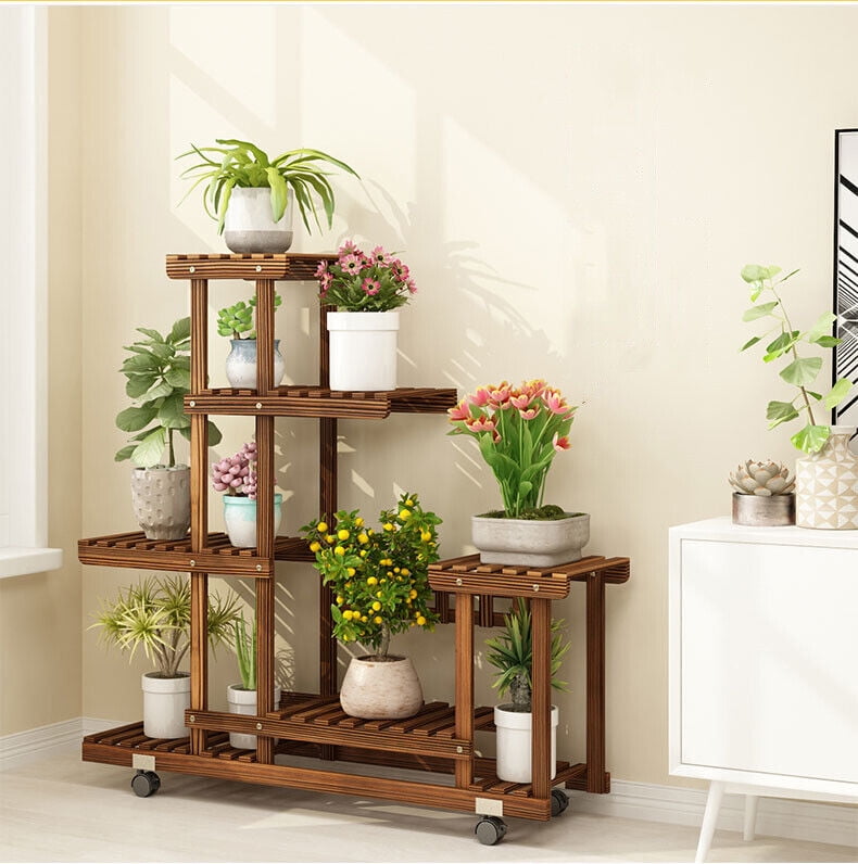 Brown 6-Tier Solid Pine Wood Plant Stand with Wheels