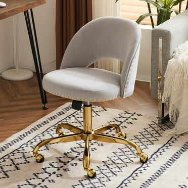 ZeloraGildan Modern Velvet Small Office Chair,Cute Desk Chair with Wheels,Gold Base/Studs, Comfy Armless Swivel Vanity Task Chair for Women/Girl/Kids, Nail Tech Chair for Bedroom,Small Space,Grey