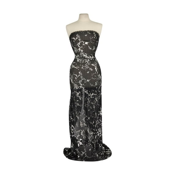 Zelouf Abstract Metallic Floral Pleated Chiffon , Sewing, DIY, Crafts Fabric by the Yard, Black/silver, 3 Yard