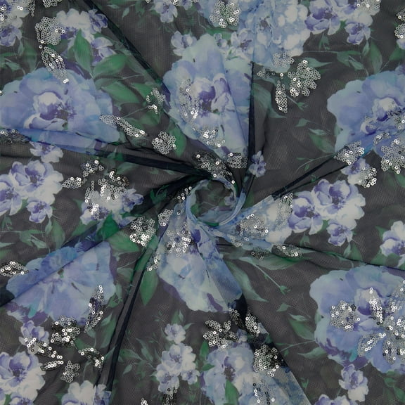 Zelouf Adelia Floral Print W/ Sequins  , Sewing, DIY, Crafts Fabric by the Yard, Navy/peri, 3 Yard