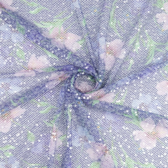 Zelouf Arabella Floral Print Metallic Mesh W/ Sequins , Sewing, DIY, Crafts Fabric by the Yard, Navy/blue, 20 Yard
