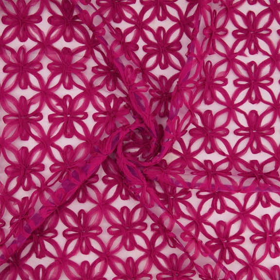 Zelouf Chiffon Ribbon On Mesh , Sewing, DIY, Crafts Fabric by the Yard, Fuchsia, 5 Yard