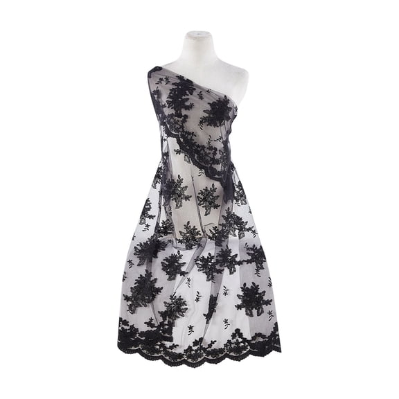 Zelouf Cord Emb Double Border On Tulle Scallop Cut , Sewing, DIY, Crafts Fabric by the Yard, Black, 5 Yard