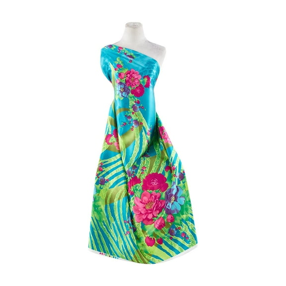 Zelouf Crazy Rose Print On Charmeuse  , Sewing, DIY, Crafts Fabric by the Yard, Turq Wild Rose, 5 Yard