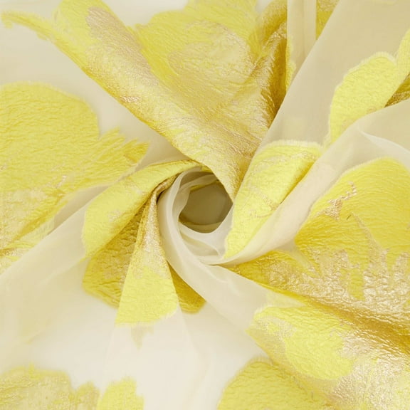 Zelouf Cynthia Organza Floral Metallic Jacquard  , Sewing, DIY, Crafts Fabric by the Yard, White/ Buttercup, 5 Yard