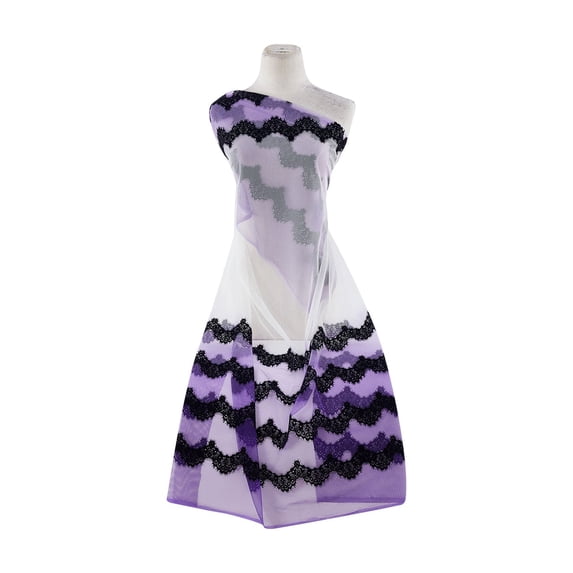 Zelouf Dbl Bdr Lace Flock W/mixed Gltr On Dbl Ombre Tulle , Sewing, DIY, Crafts Fabric by the Yard, White/purple, 7 Yard