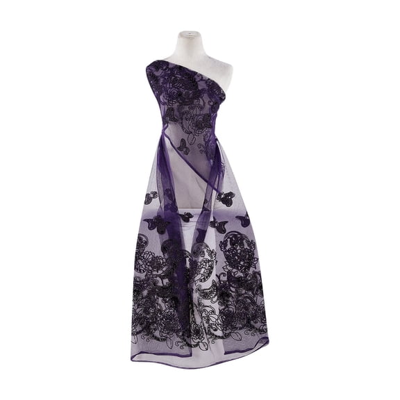 Zelouf Dbl Border Paisley Flock W/etched Glitter On Tulle , Sewing, DIY, Crafts Fabric by the Yard, Le Eggplant, 10 Yard