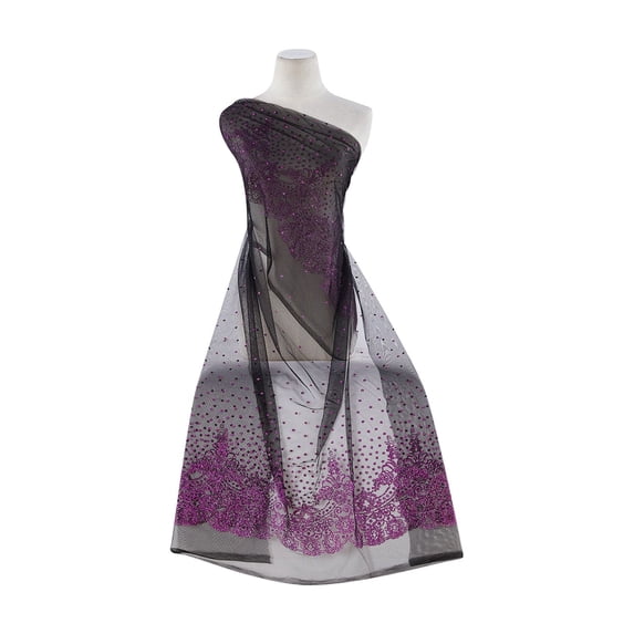Zelouf Double Border Glitter On Tulle , Sewing, DIY, Crafts Fabric by the Yard, Blk/plum, 10 Yard