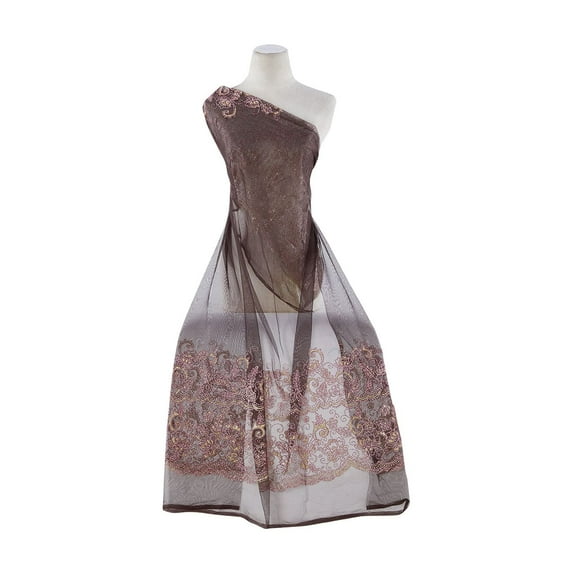Zelouf Double Border Henna Floral 2X Glitter On Tulle , Sewing, DIY, Crafts Fabric by the Yard, Brown/gold/pink, 7 Yard