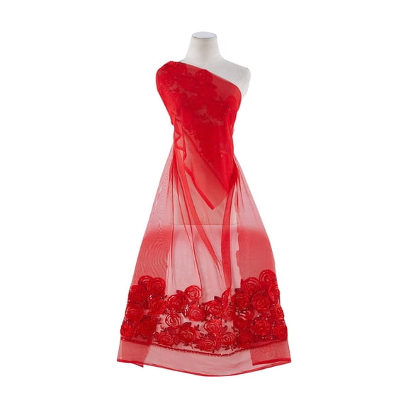 Zelouf Double Border Rose Ribbon Sutash W/ Seq On Tulle , Sewing, DIY, Crafts Fabric by the Yard, Red, 50 Yard