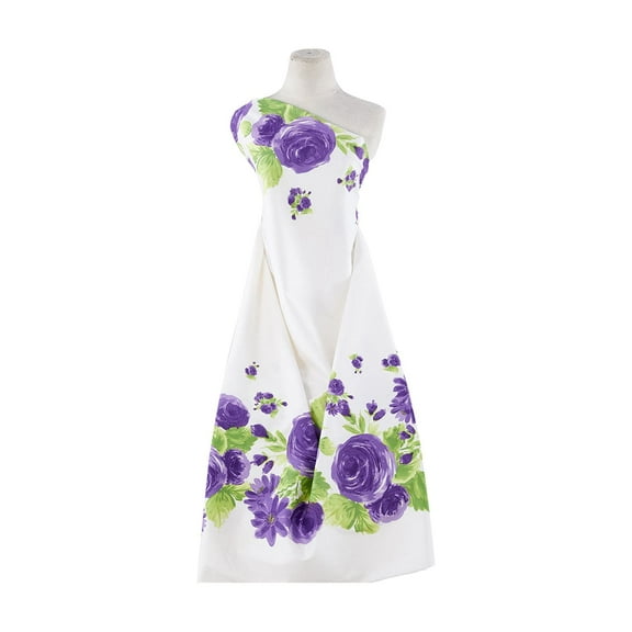 Zelouf Double Floral Print On Cotton Stretch Sateen  , Sewing, DIY, Crafts Fabric by the Yard, White/lavender, 5 Yard