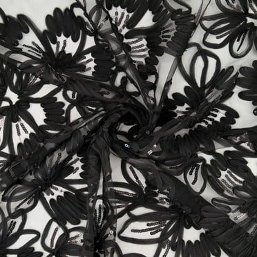 Zelouf Ellis Chiffon Ribbon On Mesh With Sequins  , Sewing, DIY, Crafts Fabric by the Yard, Black, 3 Yard