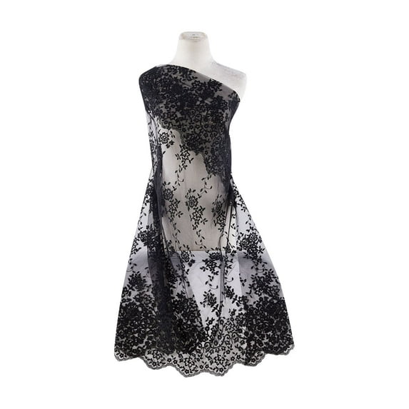 Zelouf Embroidery Double Border On Tulle Scallop Cut , Sewing, DIY, Crafts Fabric by the Yard, Black, 1 Yard