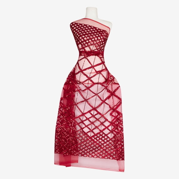 Zelouf Essential Diamond Sequin Embroidery Double Mesh , Sewing, DIY, Crafts Fabric by the Yard, Ruby Delight, 3 Yard
