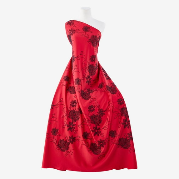 Zelouf Flat Iron Embriodery Scuba Crepe , Sewing, DIY, Crafts Fabric by the Yard, Red/black, 5 Yard