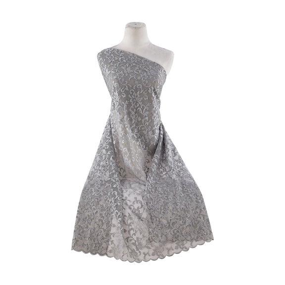 Zelouf Fleur Garden Chemic Emb On Tulle 2 Border Scalp Cut , Sewing, DIY, Crafts Fabric by the Yard, Sultry Grey, 3 Yard