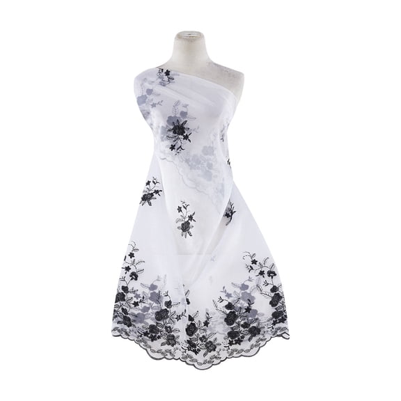 Zelouf Floral Dbl Border Emb Dbl Scallop On Organza , Sewing, DIY, Crafts Fabric by the Yard, White/black, 3 Yard