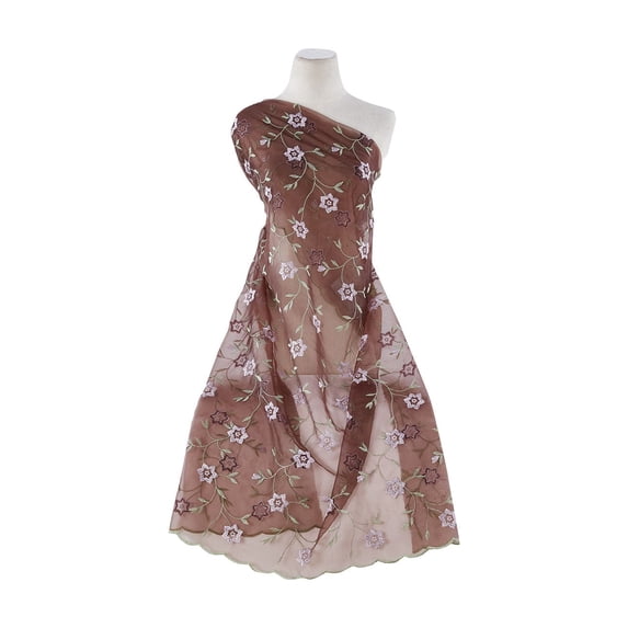 Zelouf Floral Embroidery Cut Scallop On 2 Ply Organza , Sewing, DIY, Crafts Fabric by the Yard, Brown/lilac, 3 Yard