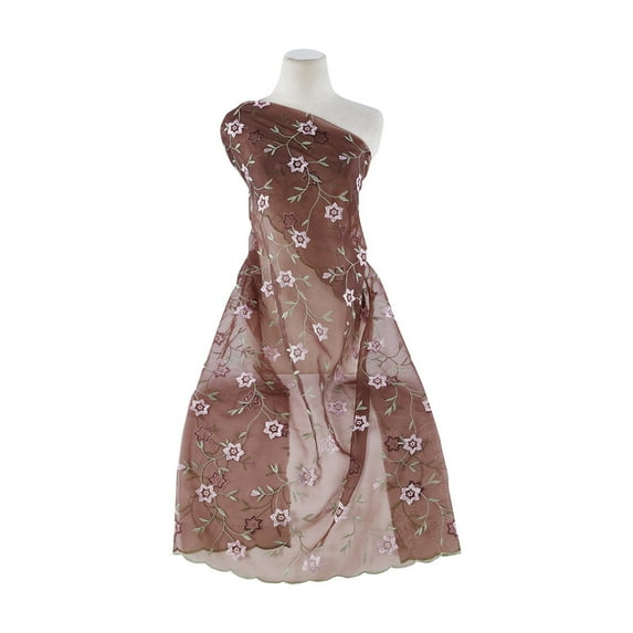 Zelouf Floral Embroidery Cut Scallop On 2 Ply Organza , Sewing, DIY, Crafts Fabric by the Yard, Brown/pink, 20 Yard