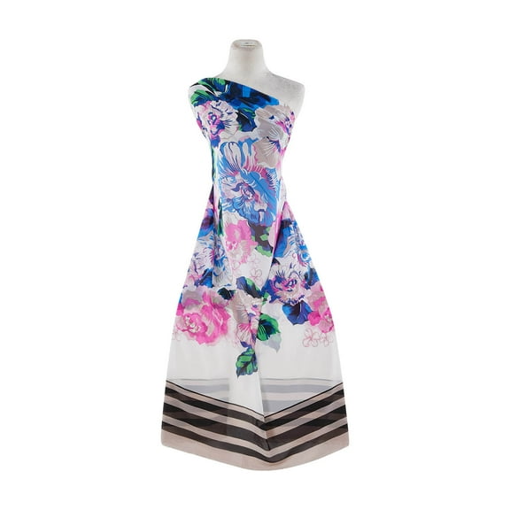 Zelouf Floral Stripe Double Border On High Multi Chiffon , Sewing, DIY, Crafts Fabric by the Yard, 243Fuschia/navy, 3 Yard