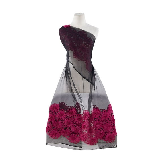 Zelouf Flower Sutash Double Border On Tulle , Sewing, DIY, Crafts Fabric by the Yard, Black/fuchsia, 3 Yard