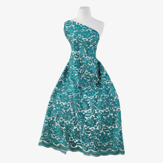 Zelouf Harmony Lace W/ Sequins , Sewing, DIY, Crafts Fabric by the Yard, Emerald/nude, 50 Yard