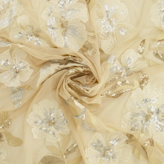 Zelouf Imogen Floral Embroidery And Sequins On Mesh  , Sewing, DIY, Crafts Fabric by the Yard, Light Sand/ivory, 10 Yard