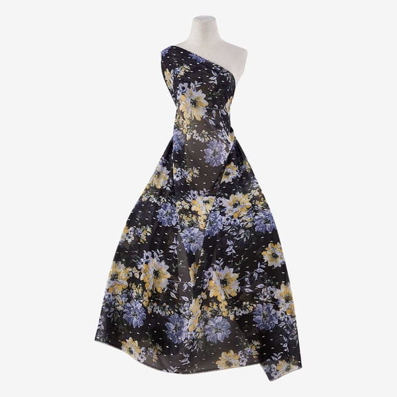 Zelouf Lucy Floral Silver Foil Print Yoryu  , Sewing, DIY, Crafts Fabric by the Yard, Black/yellow, 3 Yard