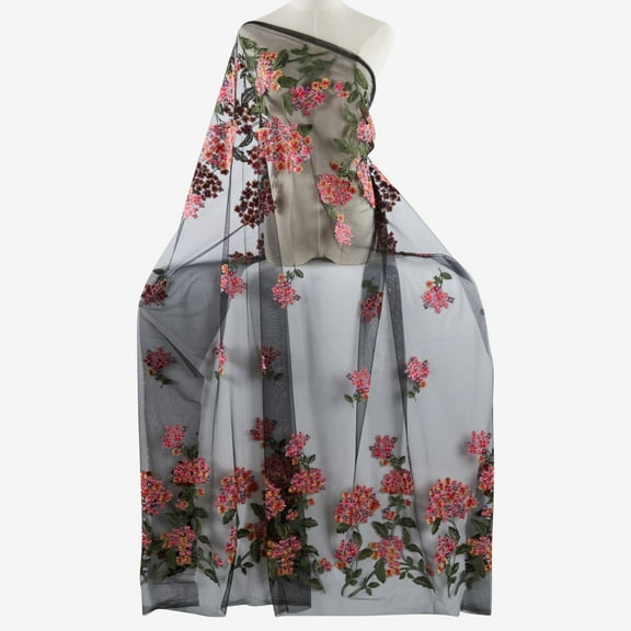 Zelouf Mindy Hydrangea Double Border Embroidery Mesh  , Sewing, DIY, Crafts Fabric by the Yard, Black Multi, 3 Yard