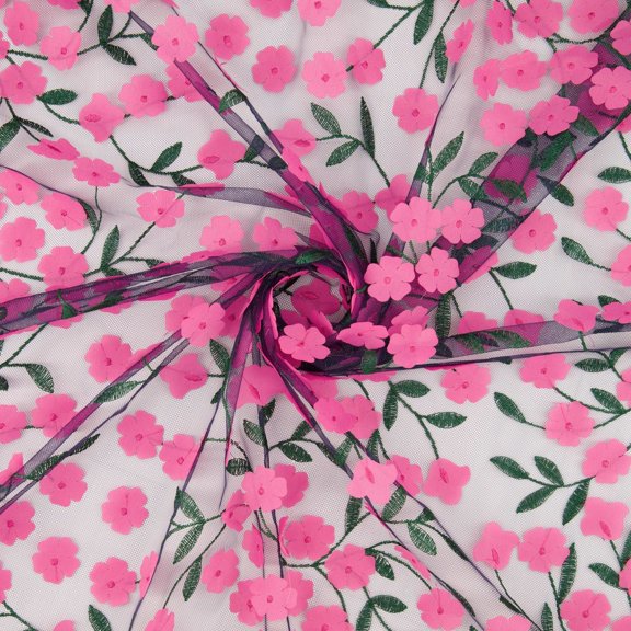 Zelouf Multicolor 3D Flower Embroidery , Sewing, DIY, Crafts Fabric by the Yard, Navy/hot Pink, 3 Yard