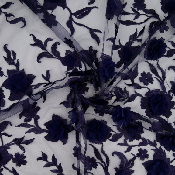 Zelouf Nancy 3D Floral Embroidery On Mesh  , Sewing, DIY, Crafts Fabric by the Yard, Navy, 3 Yard
