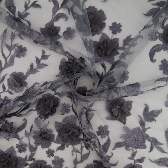 Zelouf Nancy 3D Floral Embroidery On Mesh  , Sewing, DIY, Crafts Fabric by the Yard, Pewter, 10 Yard