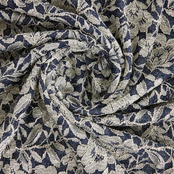 Zelouf Olivia Floral Glitter Lace , Sewing, DIY, Crafts Fabric by the Yard, Navy/cream, 3 Yard