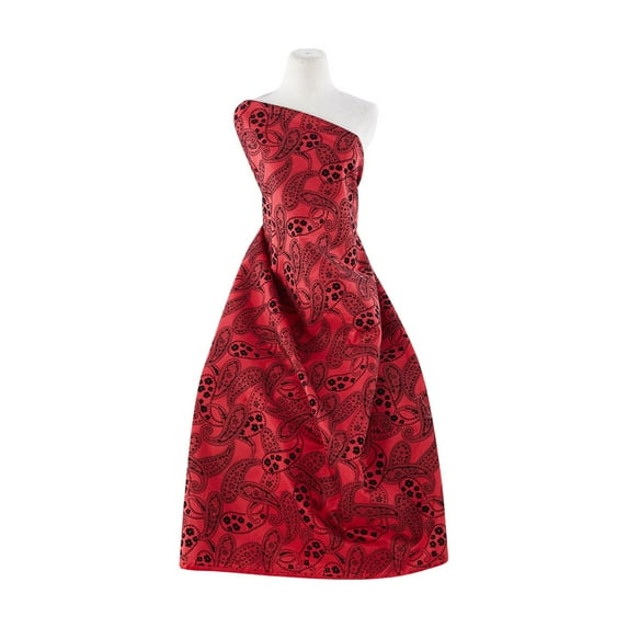 Zelouf Paisley Flocked W/ Outline Glitter On Shantung , Sewing, DIY, Crafts Fabric by the Yard, Roxy Red, 5 Yard